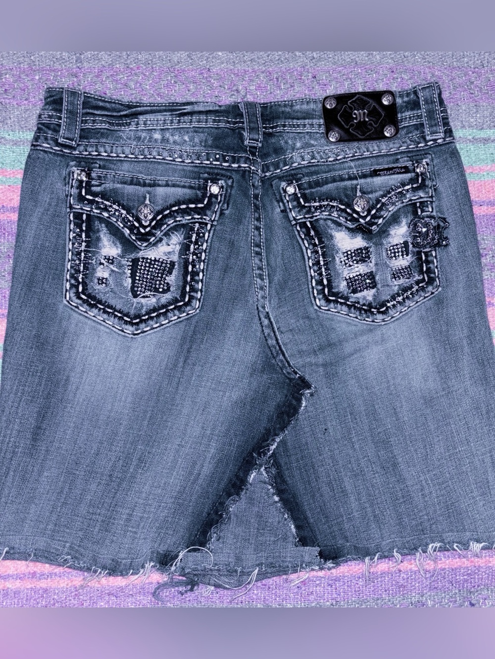 Miss Me Distressed Denim Skirt Size 32 Y2K Rhinestone Embellished